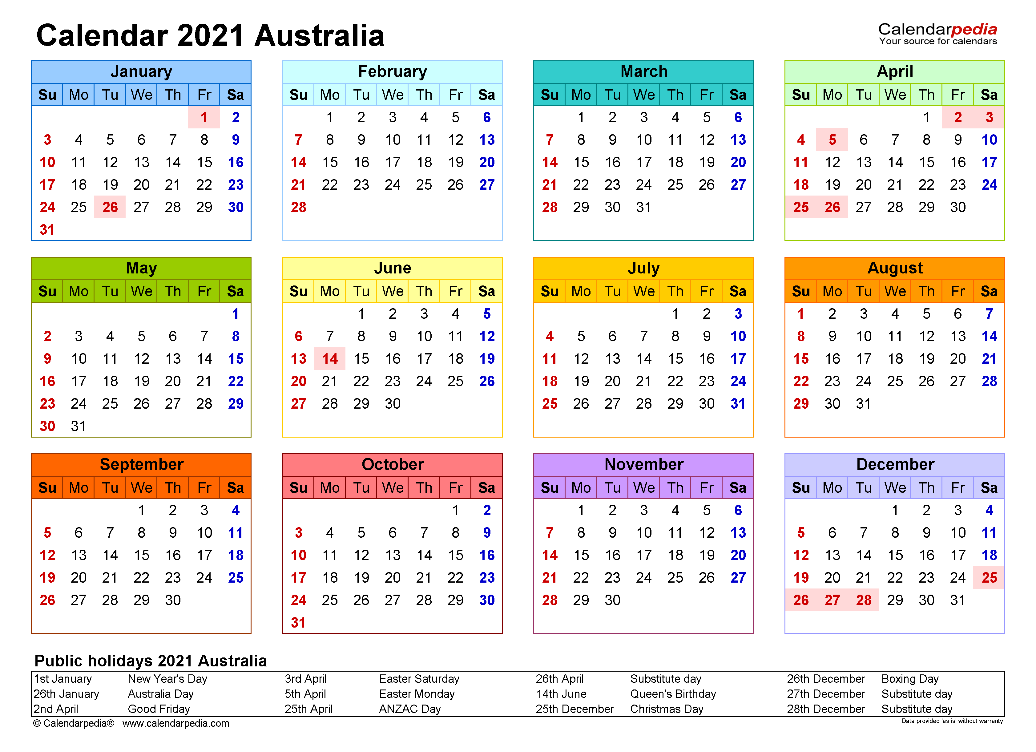 2021 Monthly Calendar Australia Printable