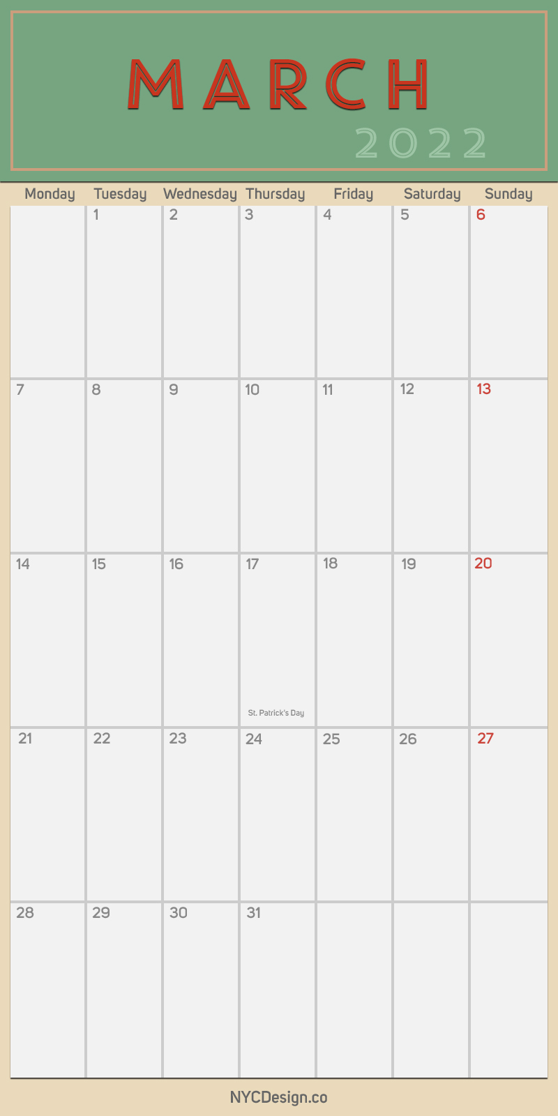 2022 March Calendar Printable