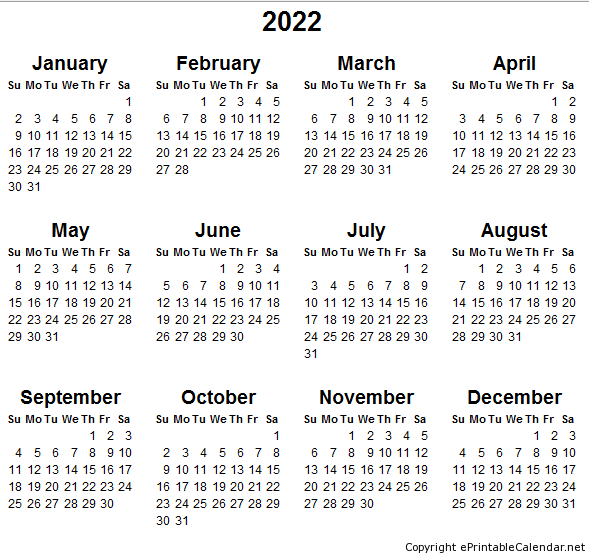 12 Month Printable Calendar 2022