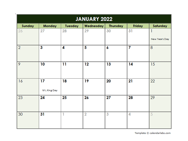 2022 Monthly Calendar With Holidays Printable