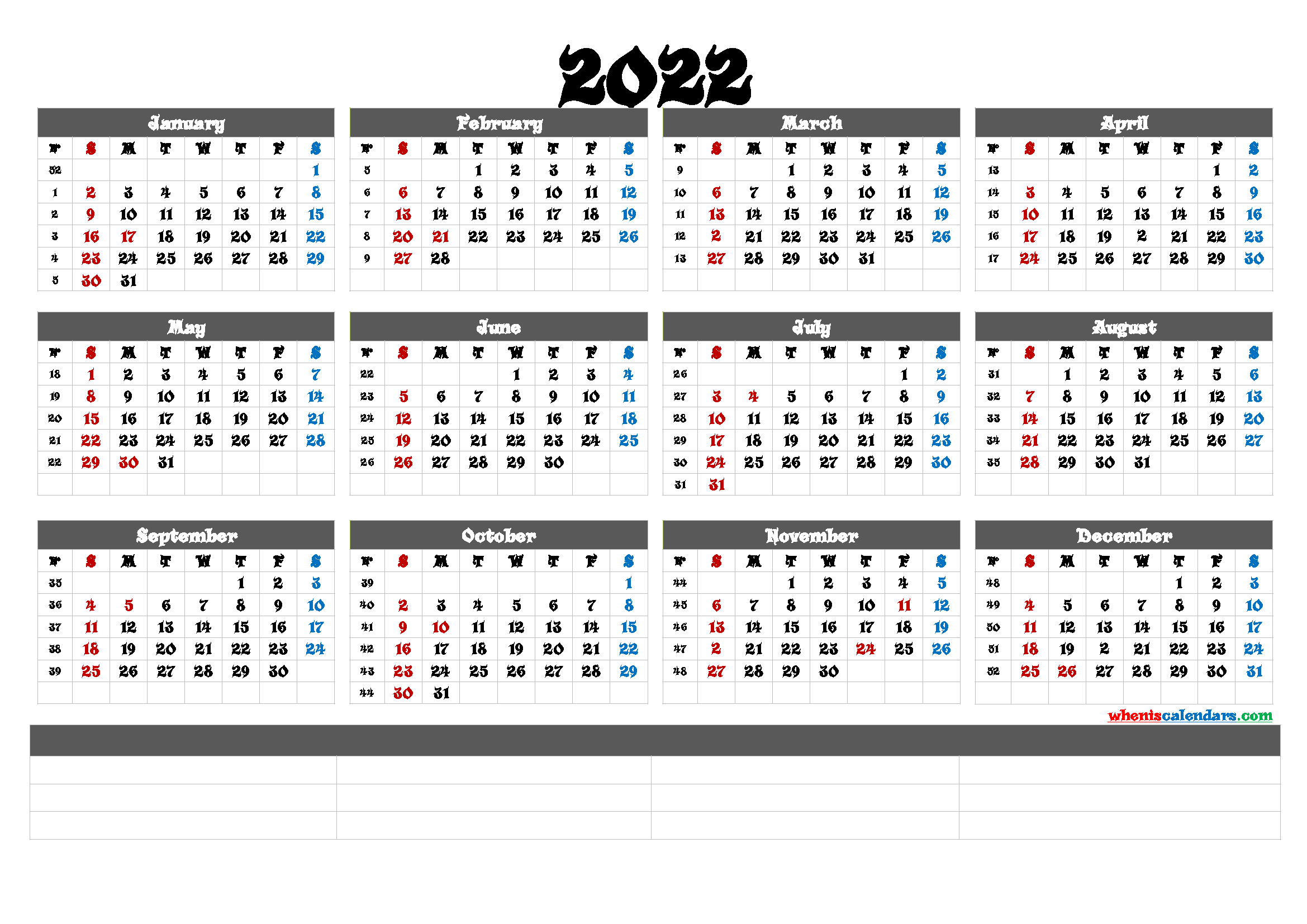 2022 Large Printable Calendar