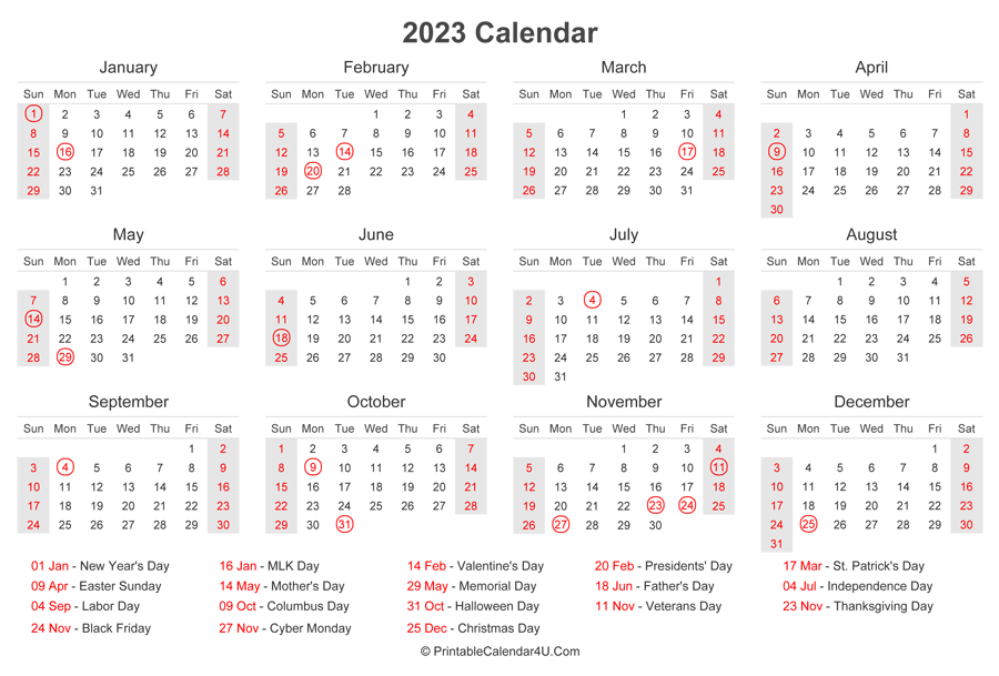 2022 Calendar 2023 Printable With Holidays