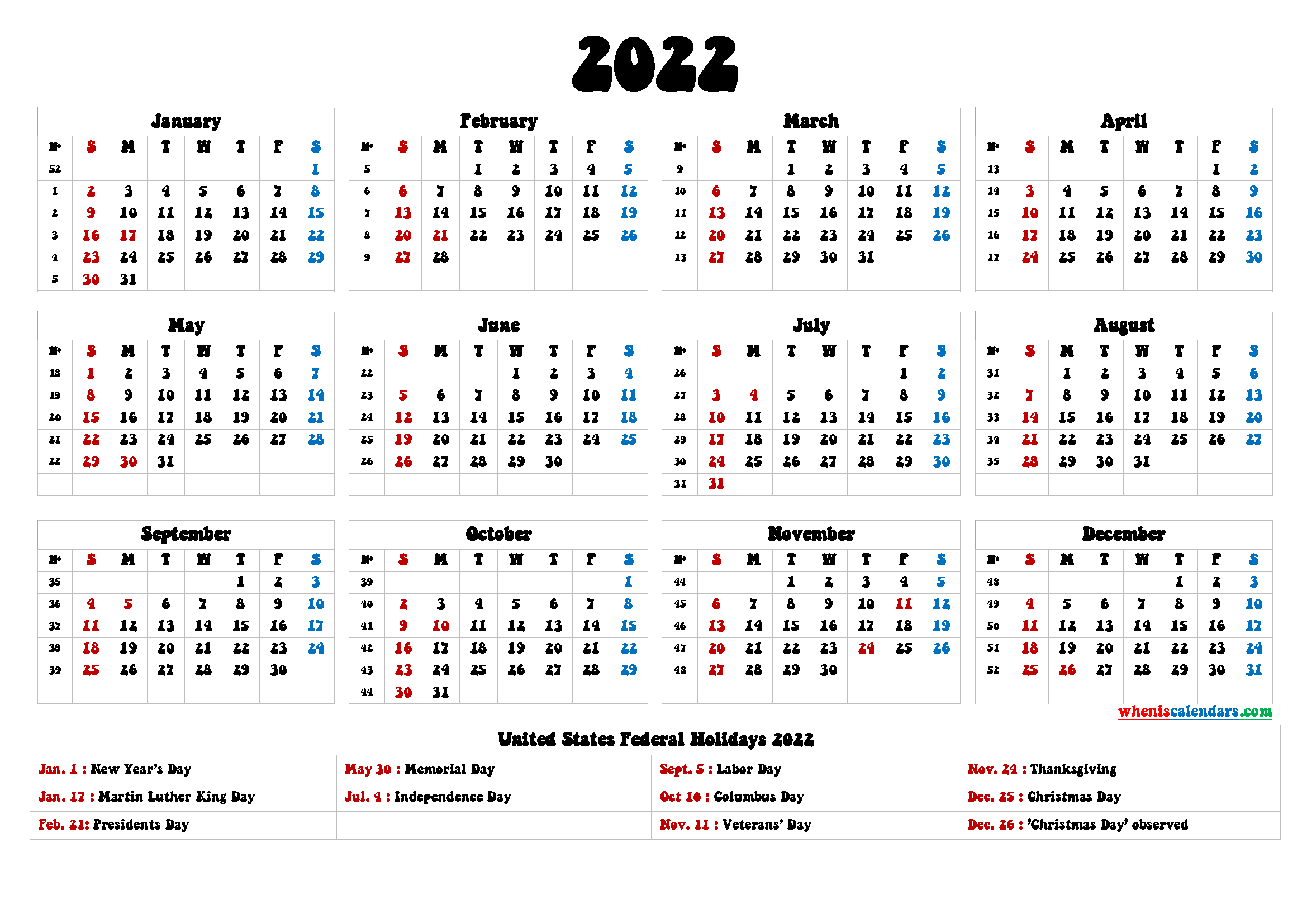 Printable 2022 Calendar With Federal Holidays