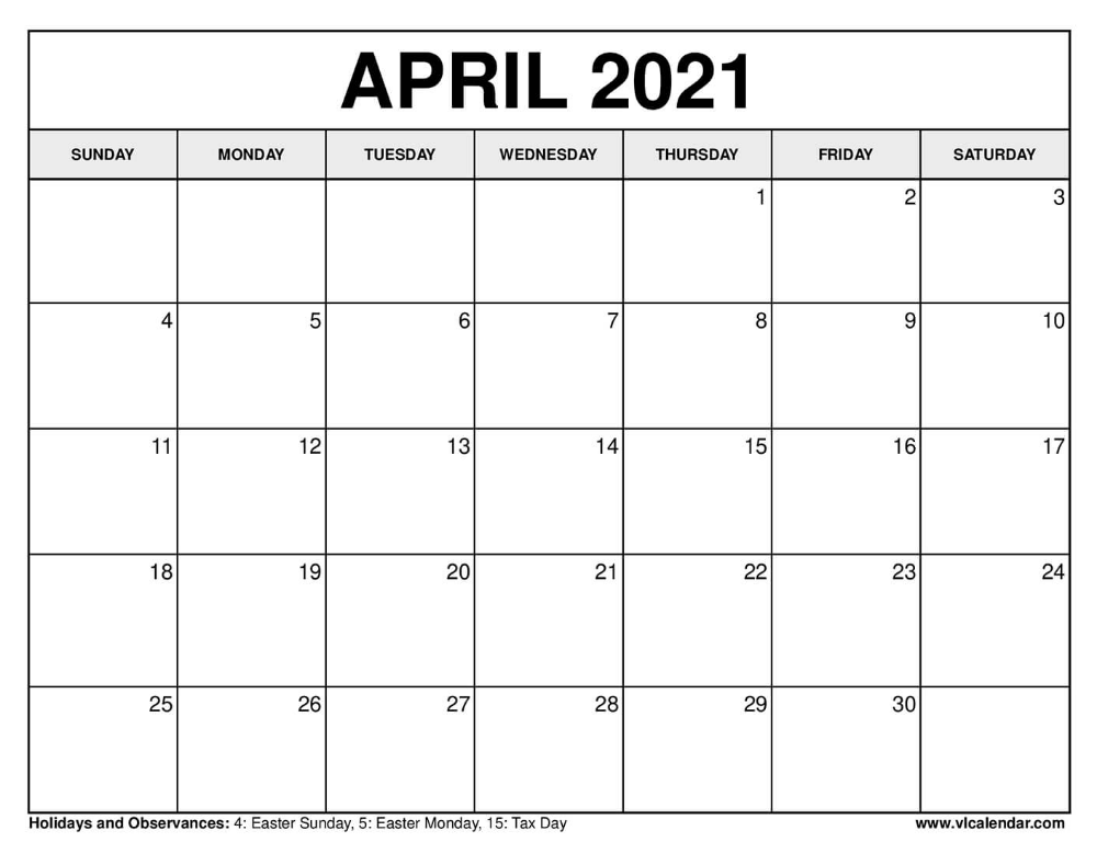 Printable Calendar April 2021 Uk