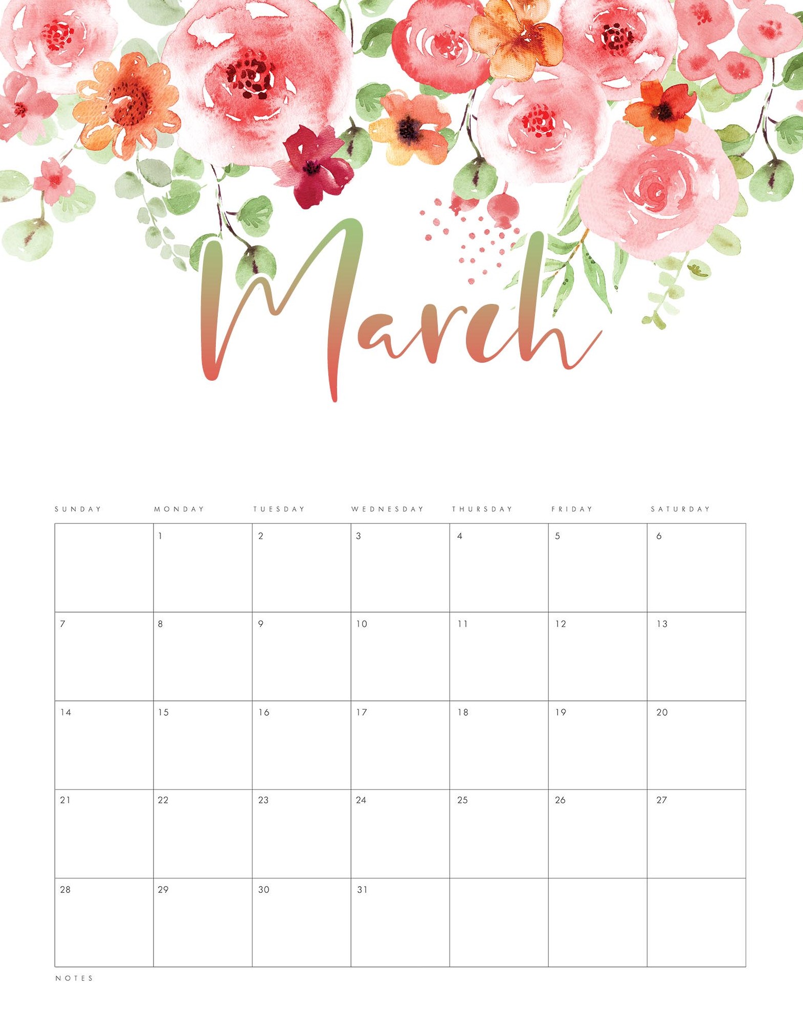 March 2021 Printable Cute Calendar