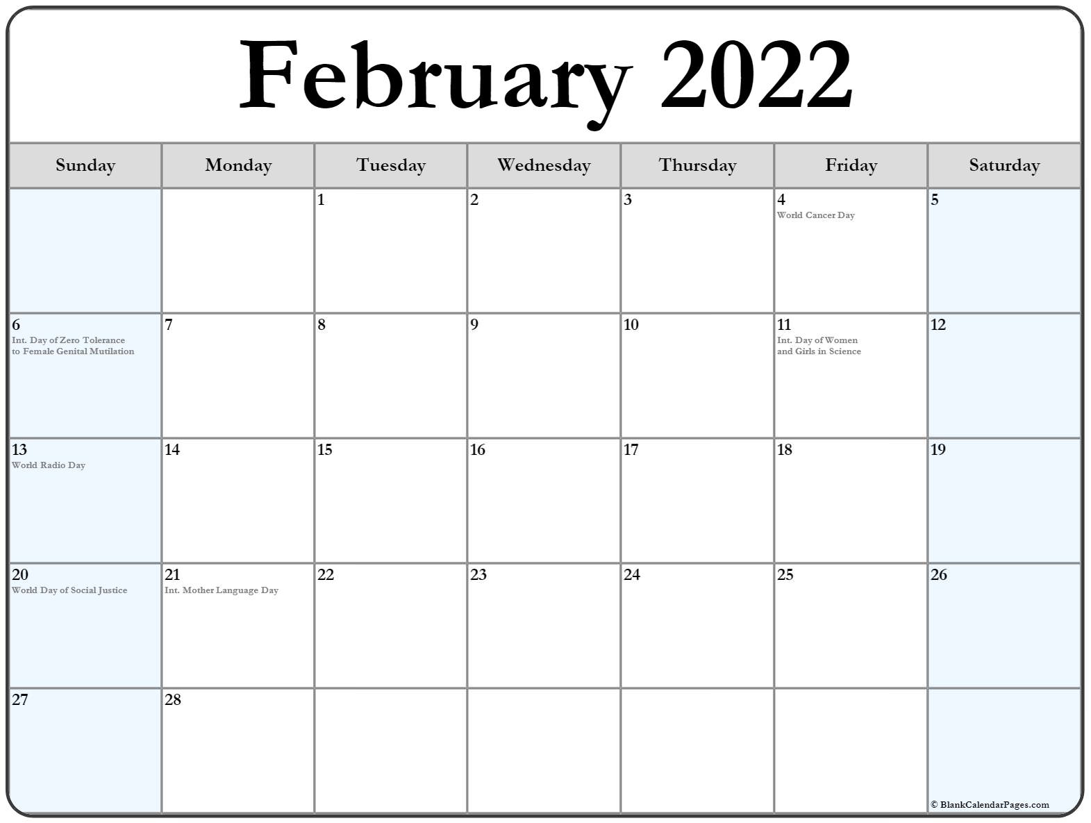February Calendar 2022 Printable With Holidays