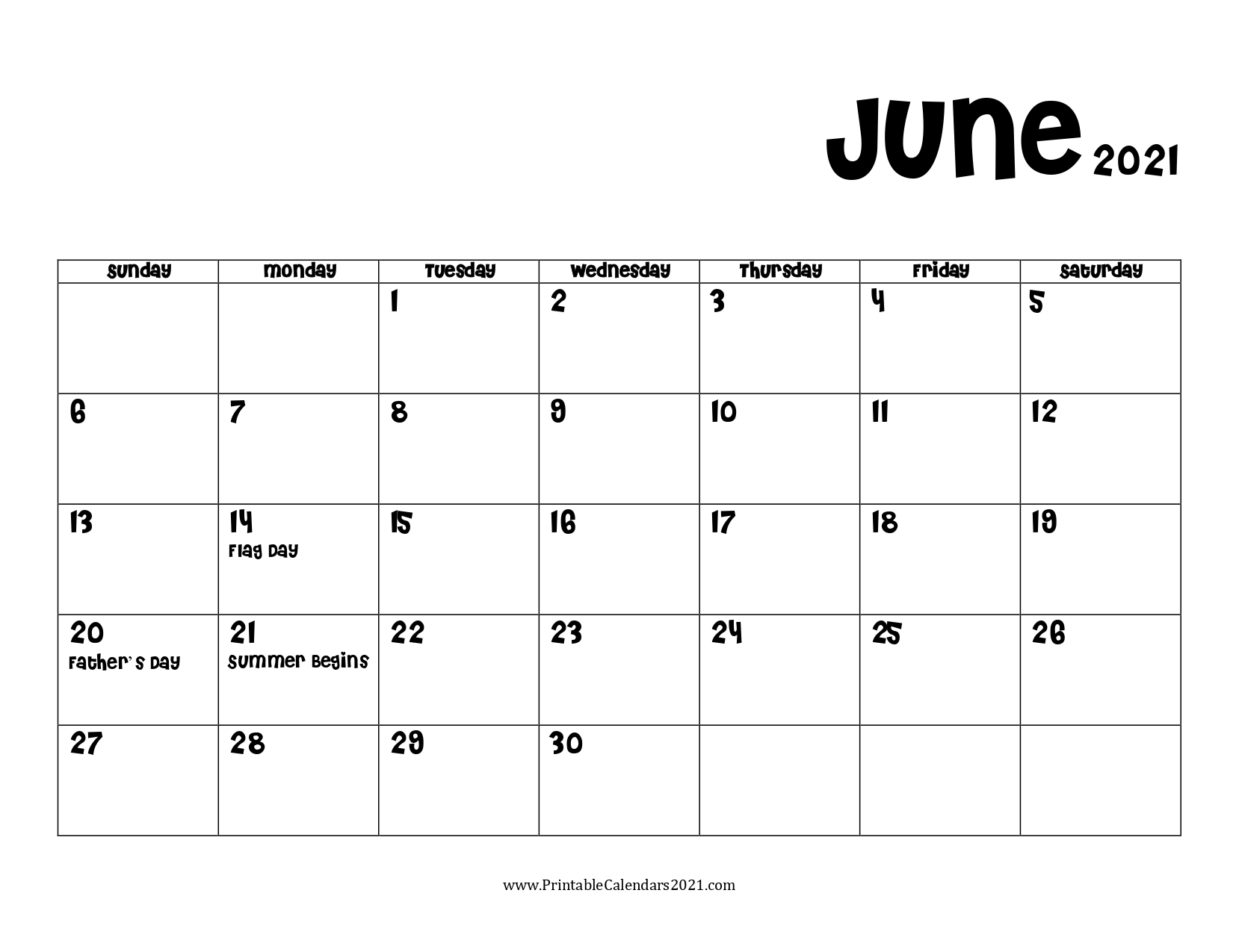 Printable Calendar For June 2021