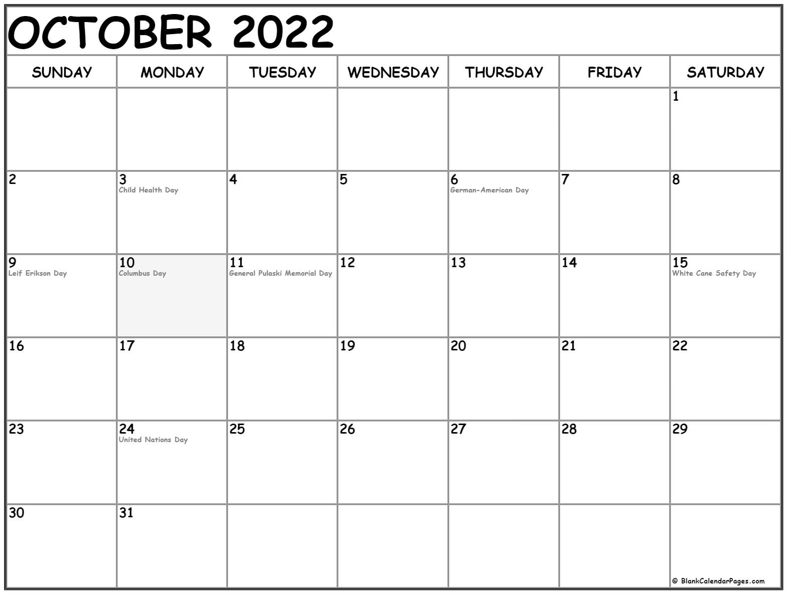 October 2022 Calendar With Holidays Printable