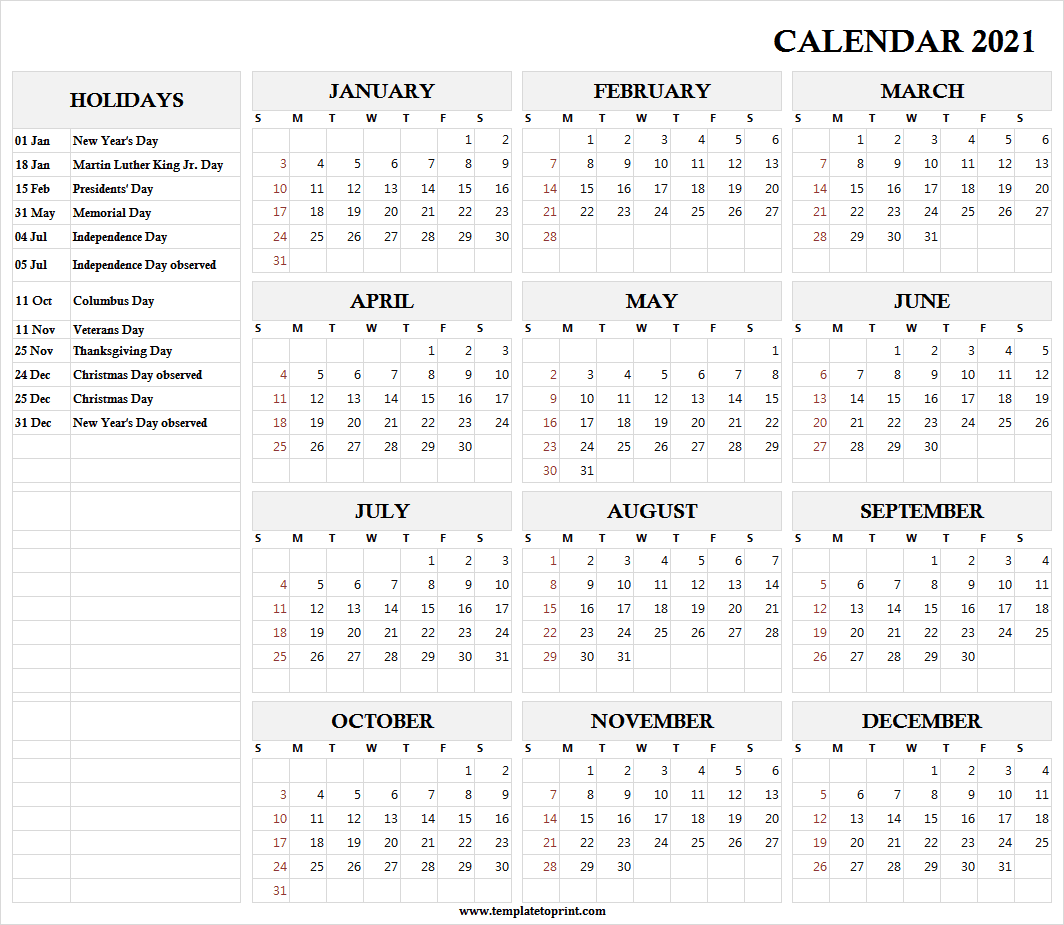 Print 2021 Monthly Calendar