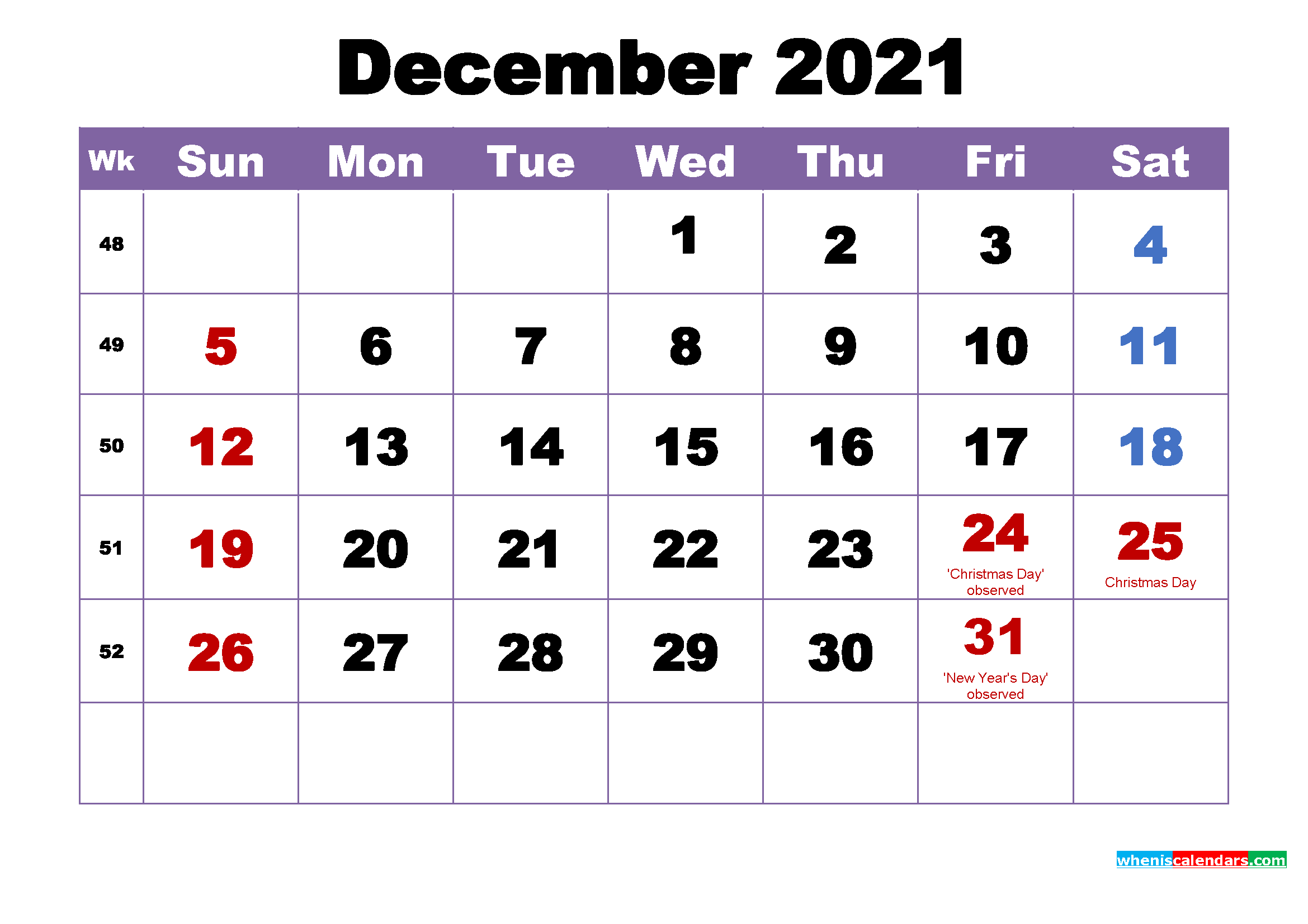 Printable 12 Month 2021 Calendar With Holidays