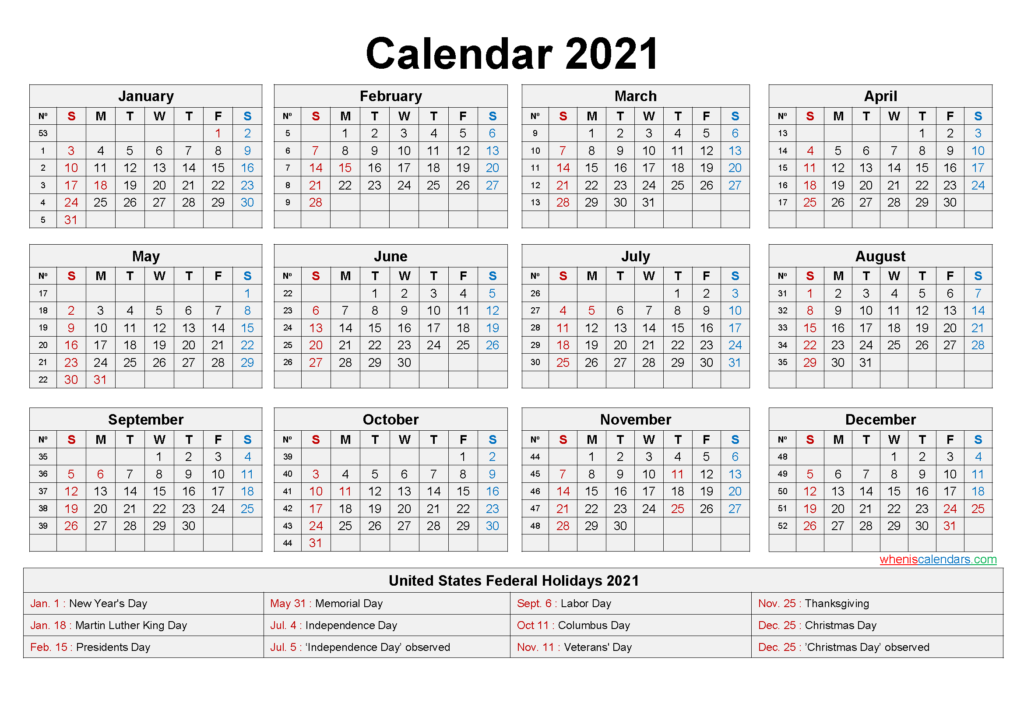 2021 Calendar Printable With Holidays