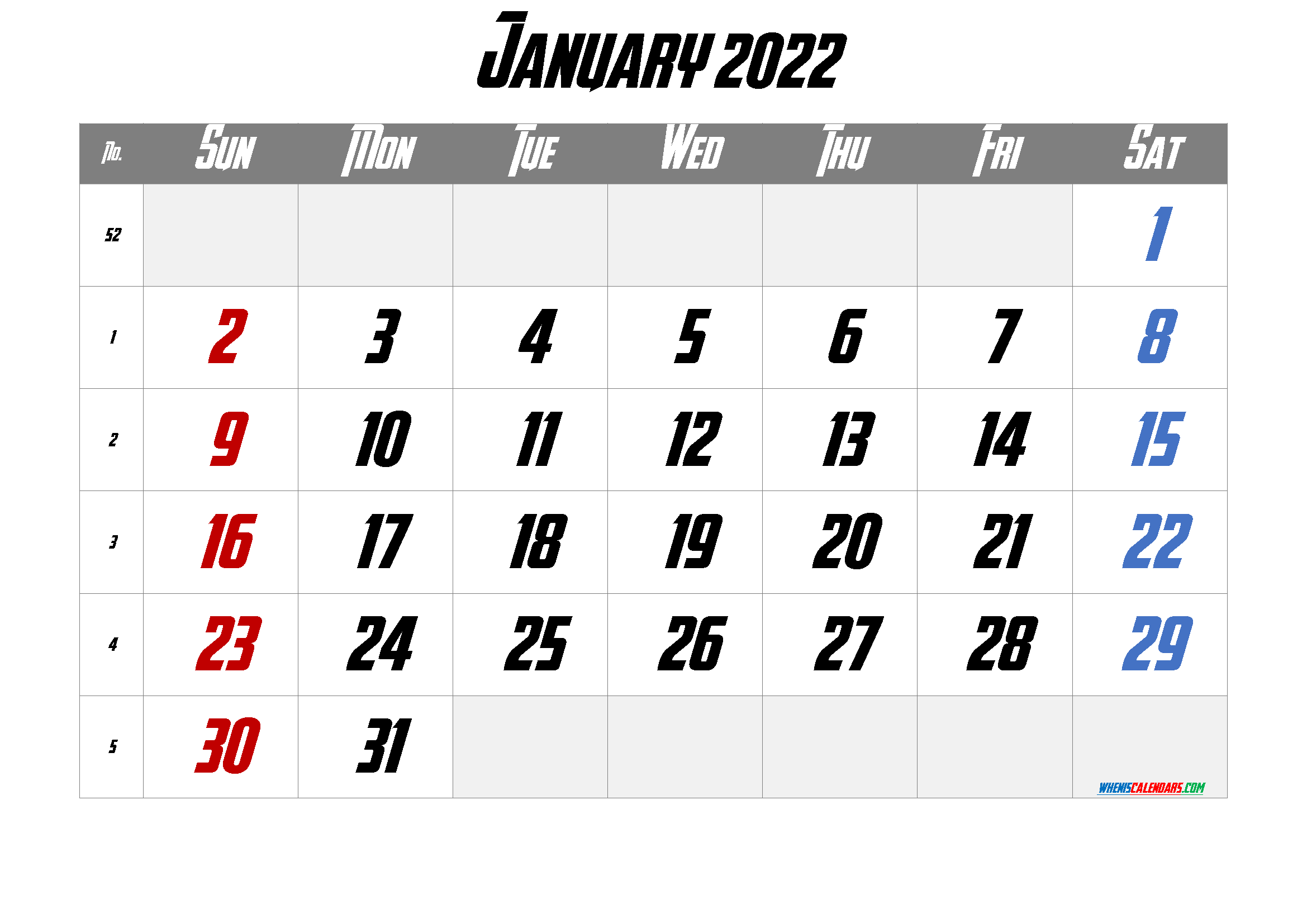2022 Jan Calendar Printable