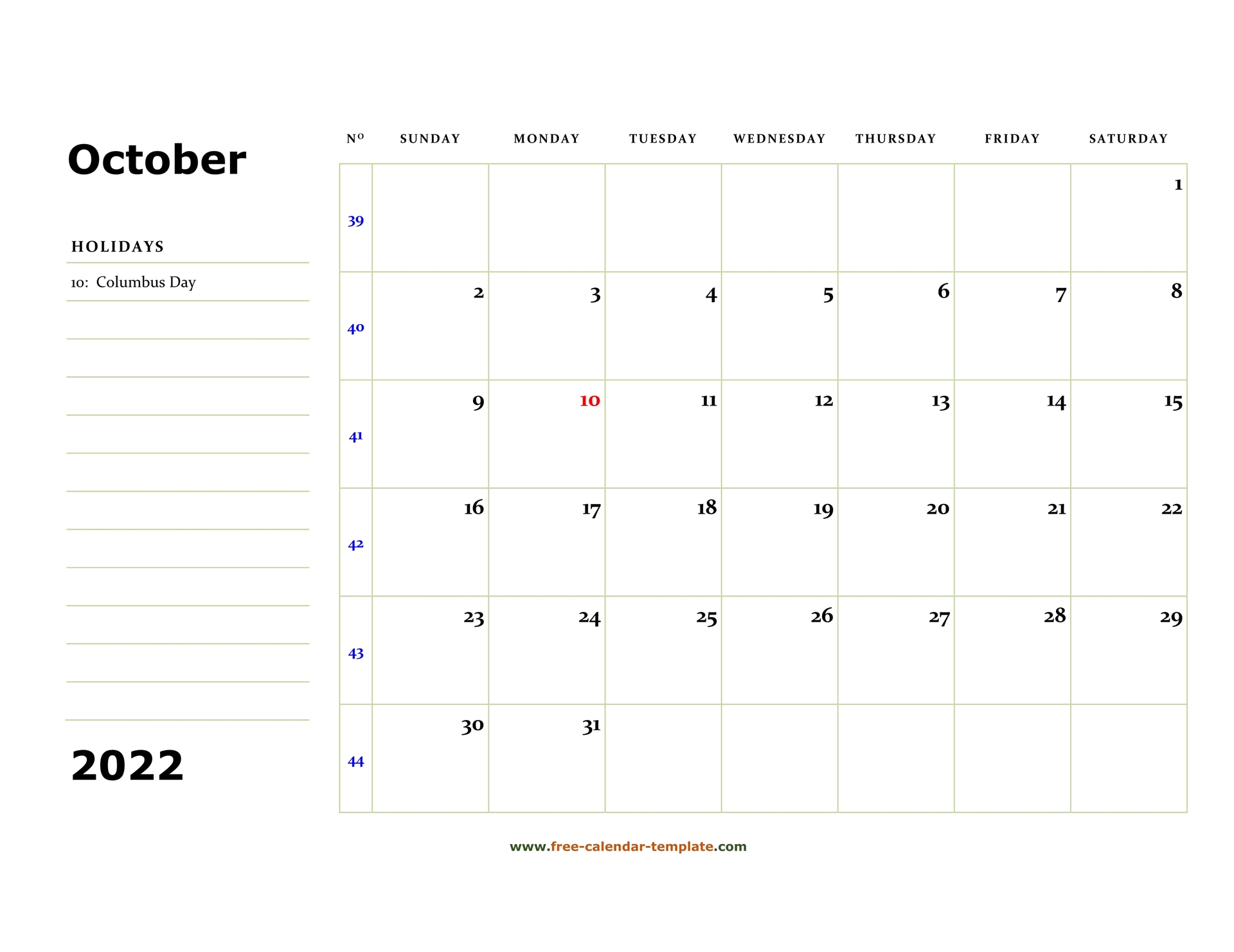 October 2022 Printable Calendar