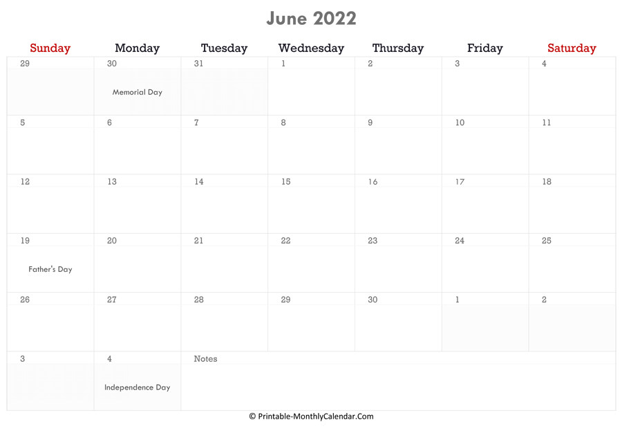 Calendar June 2022 Printable