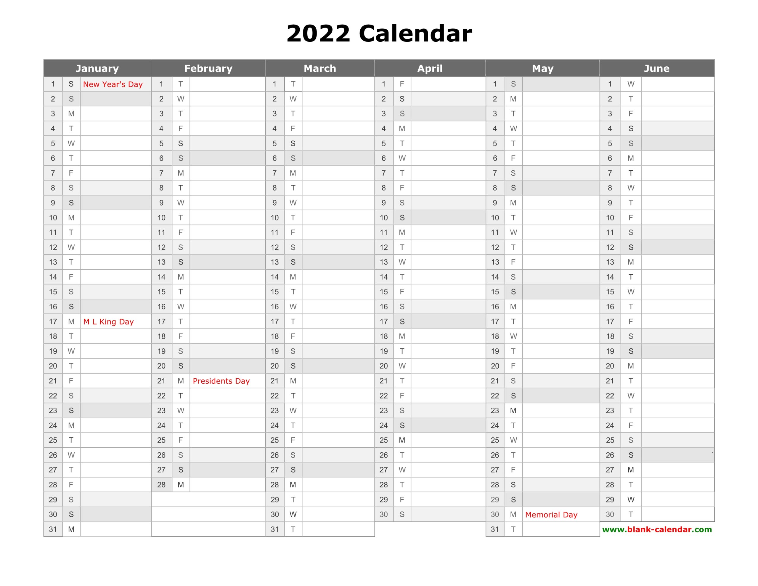 2022 Calendar One Page Printable
