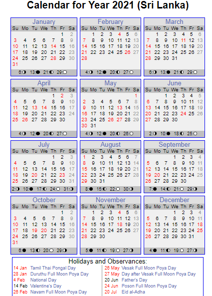 Free Printable 2021 Calendar With Holidays Sri Lanka