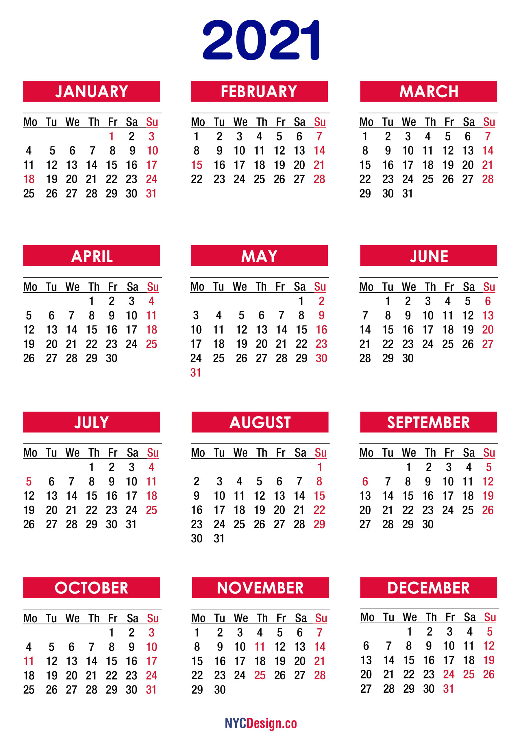 2021 Calendar With Holidays Printable Pdf