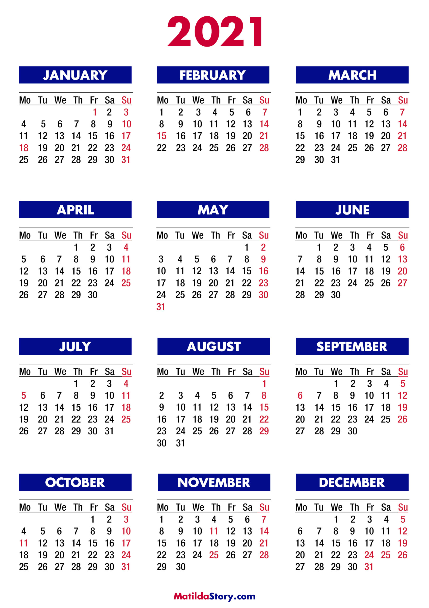 Monthly Free Printable 2021 Calendar With Holidays
