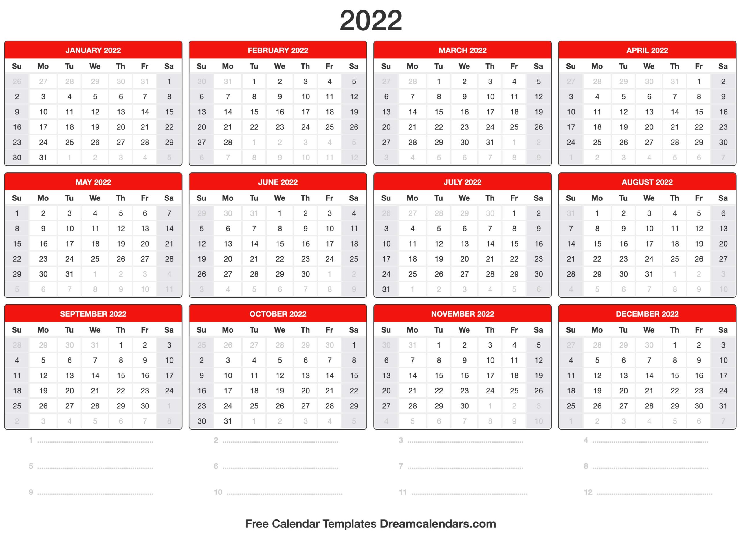 Printable Yearly Calendar 2022
