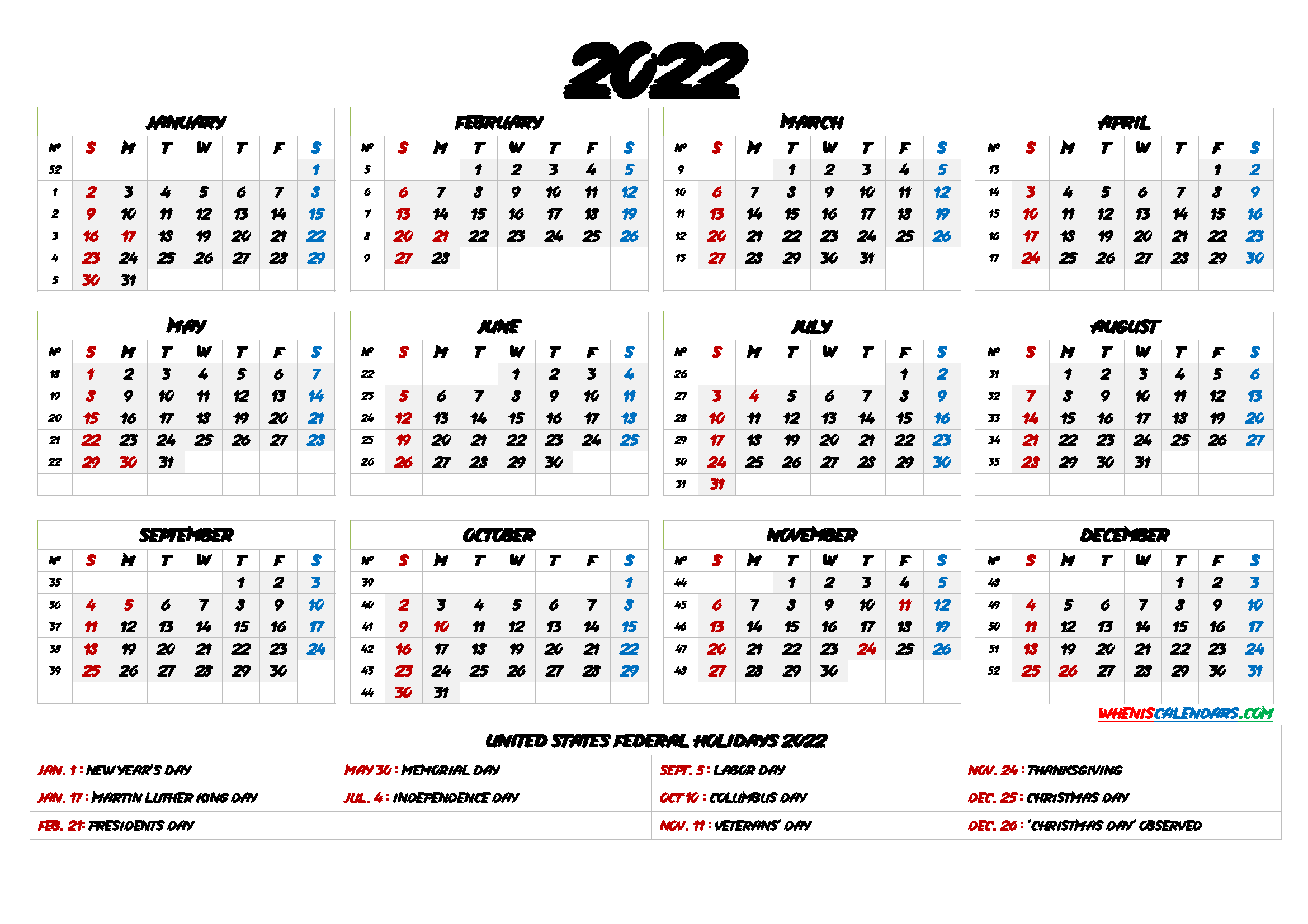 Printable Calendar 2022 With Holidays
