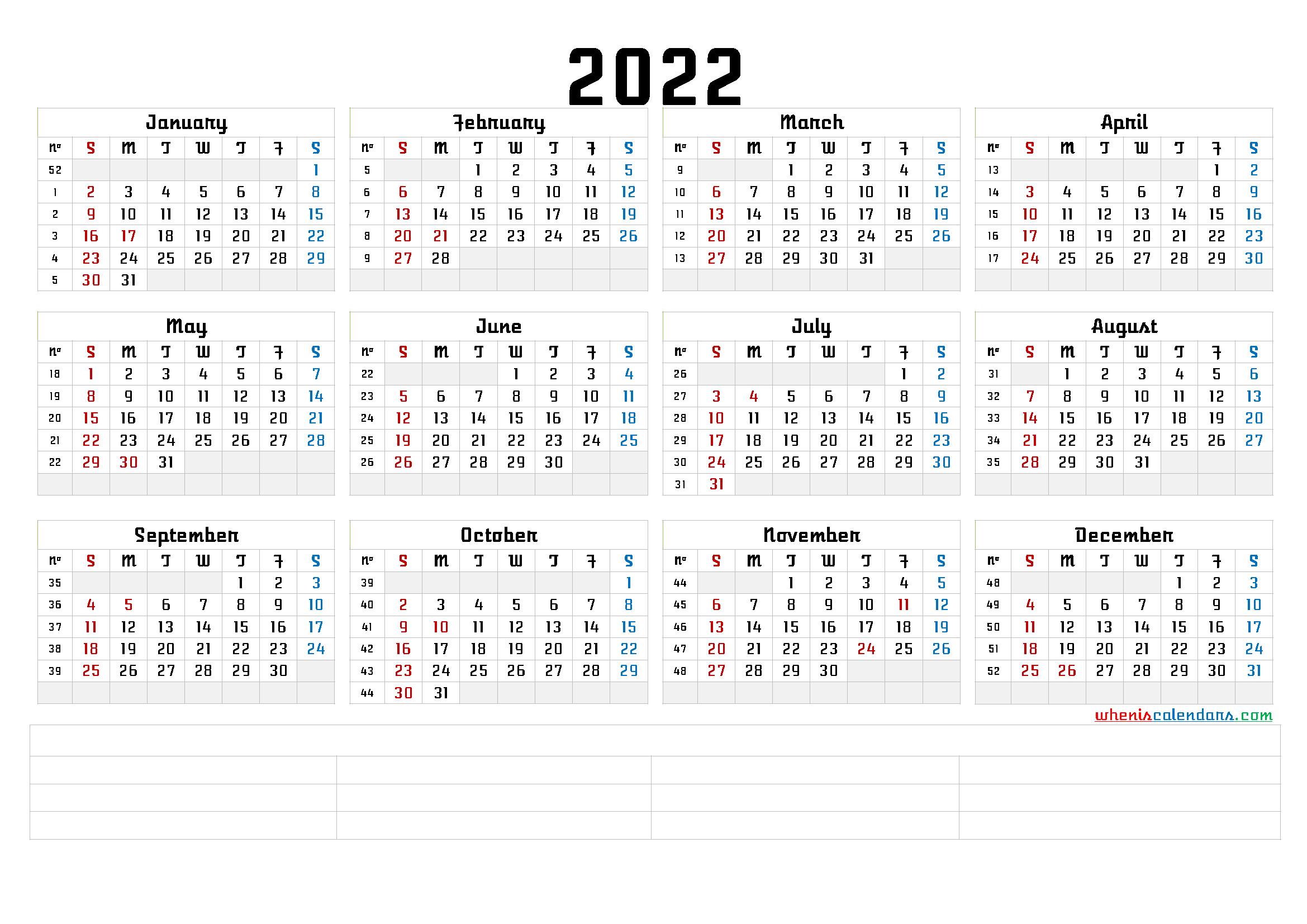 Printable Calendar 2022 With Week Numbers