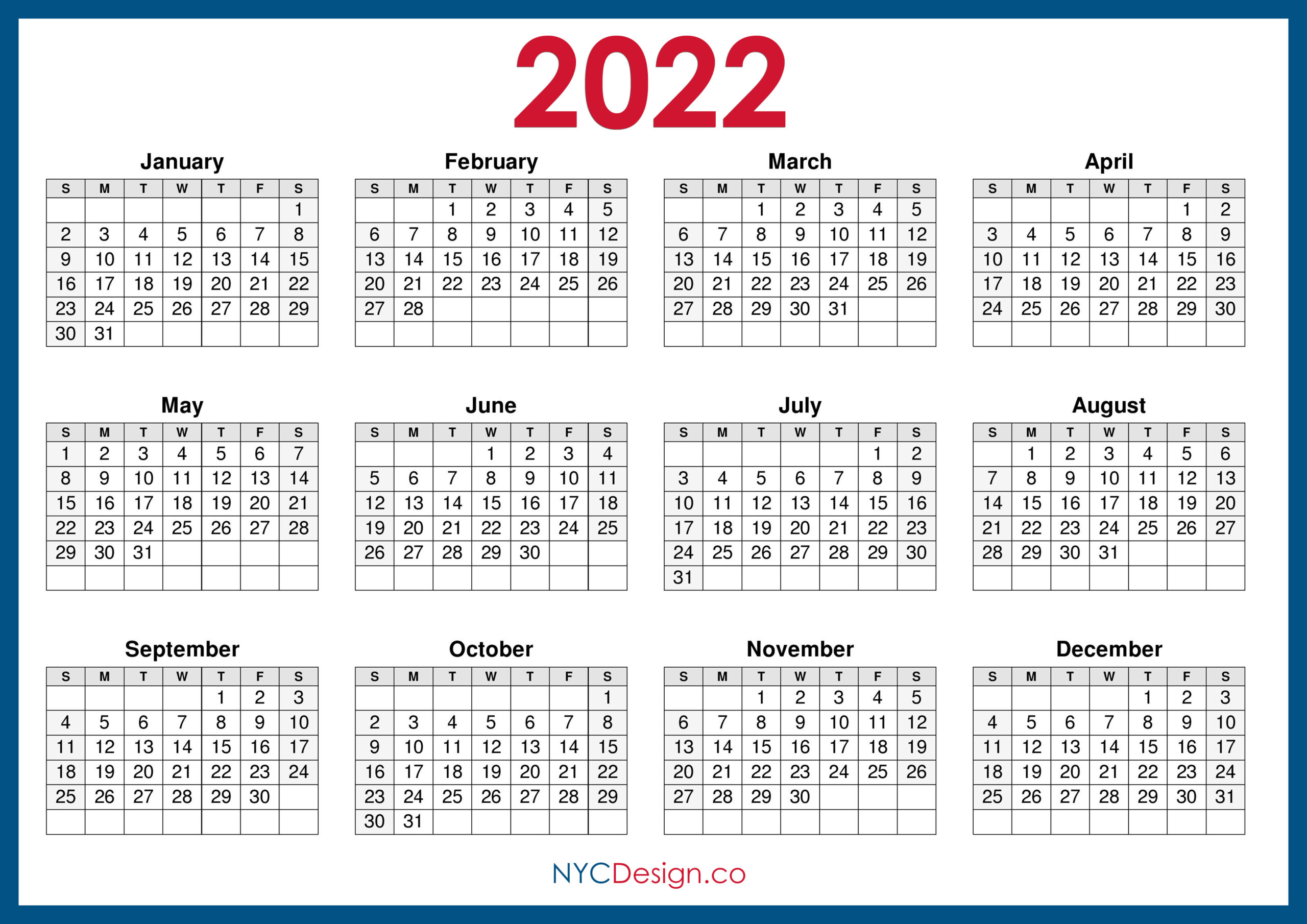 2022 Calendar Printable Free