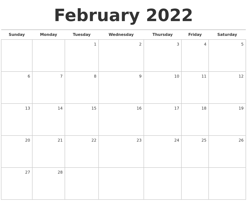 2022 Calendar February Printable