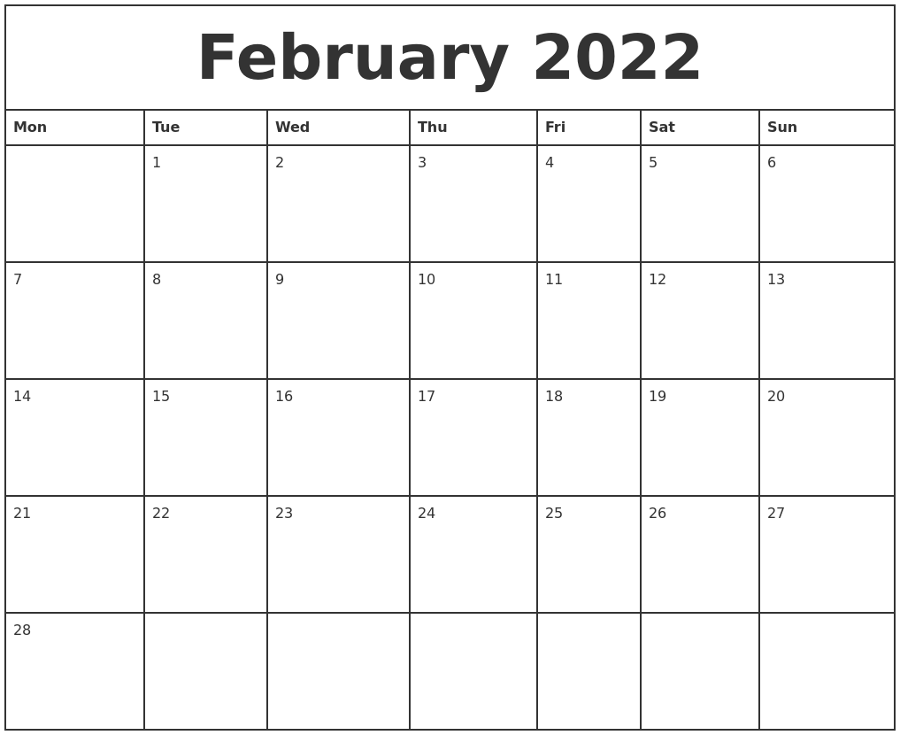 February Calendar 2022 Printable