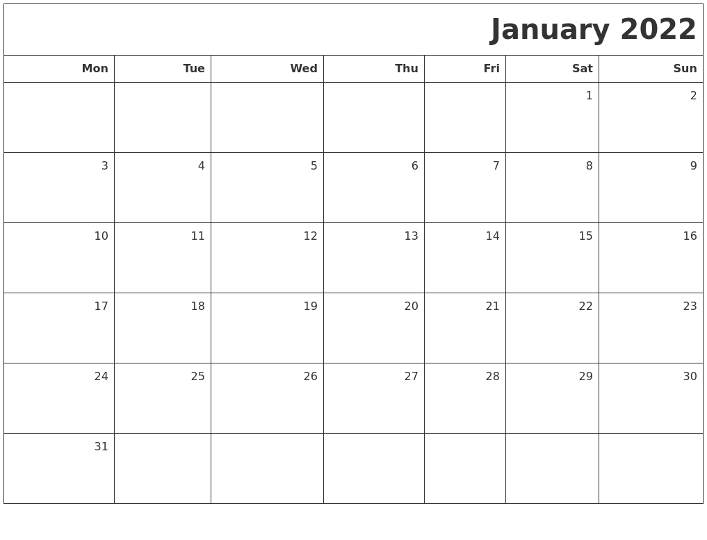 January 2022 Calendar Printable