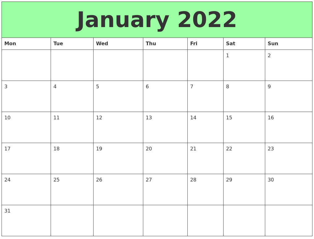 Calendar For January 2022 Printable