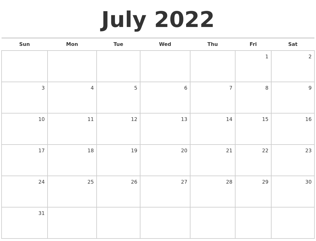 Monthly Calendar Printable 2022