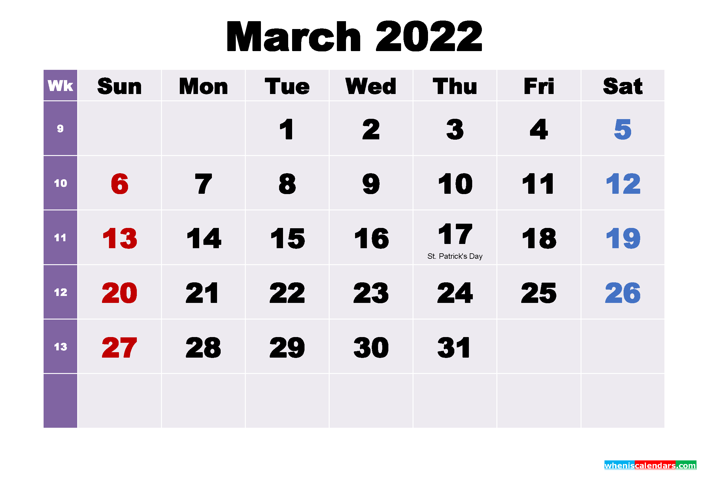 Printable Calendar March 2022