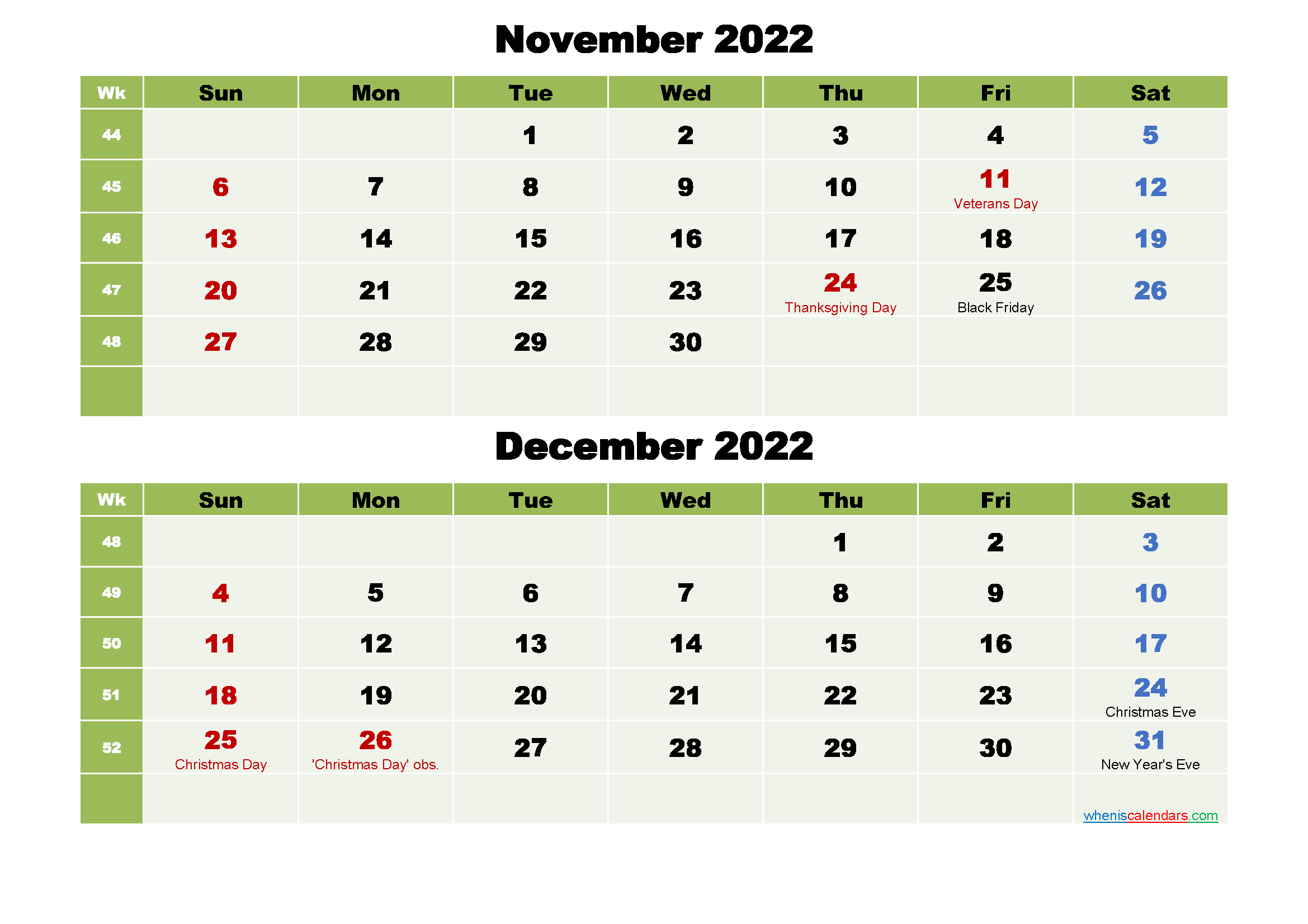 Printable Calendar November And December 2022