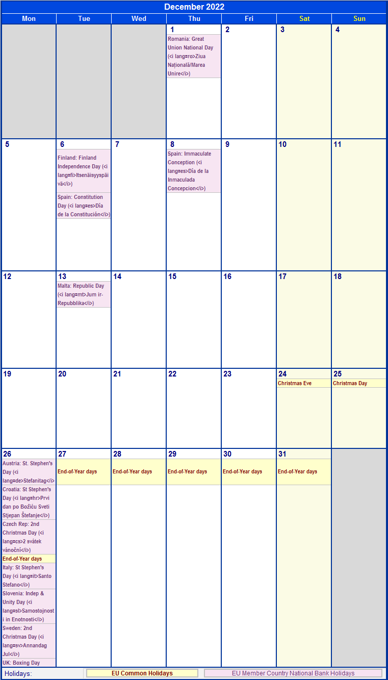 December 2022 Printable Calendar With Holidays