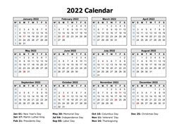 2022 Yearly 2022 Printable Calendar One Page