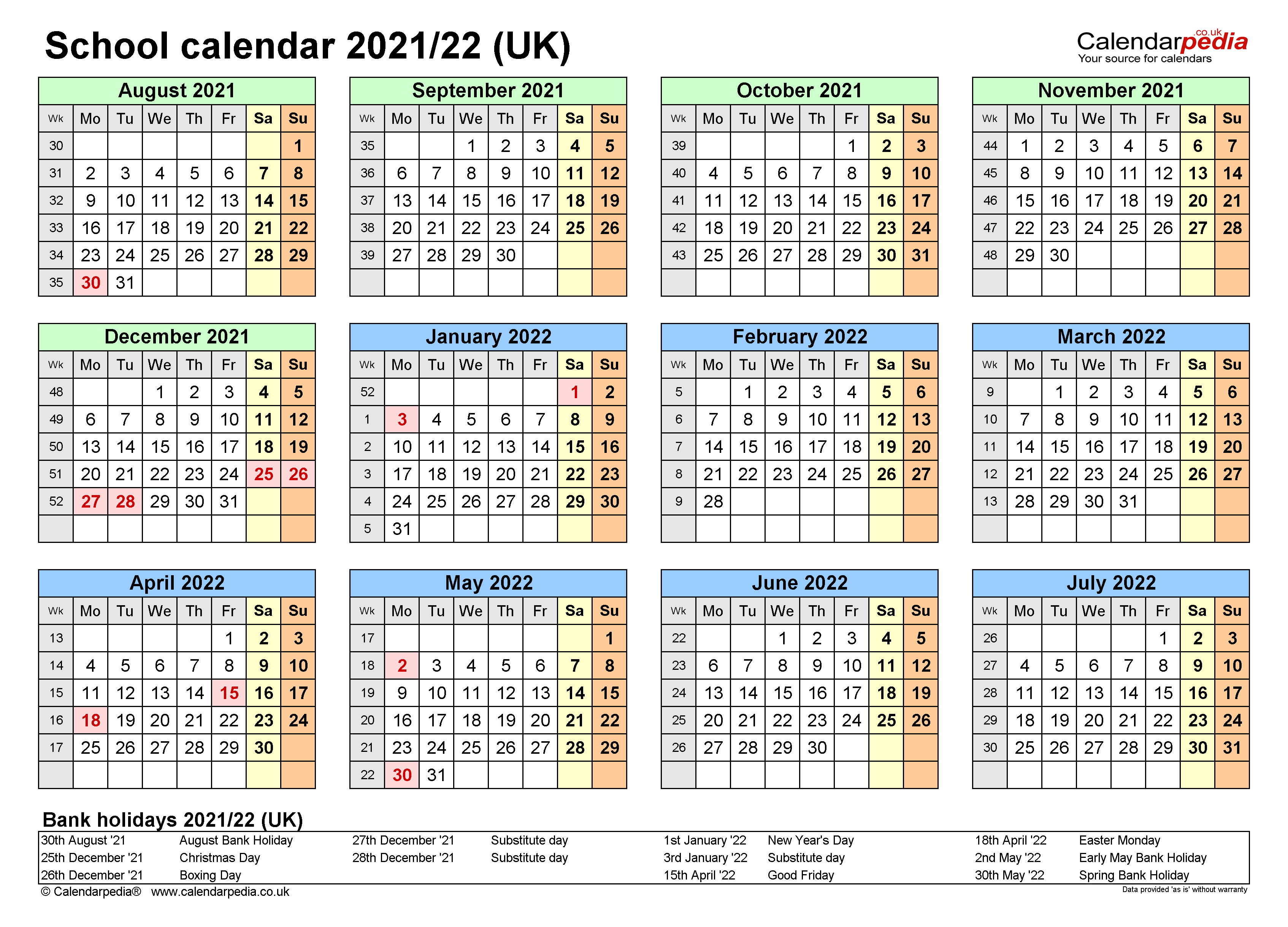 Printable 2022 Calendar Uk With Bank Holidays