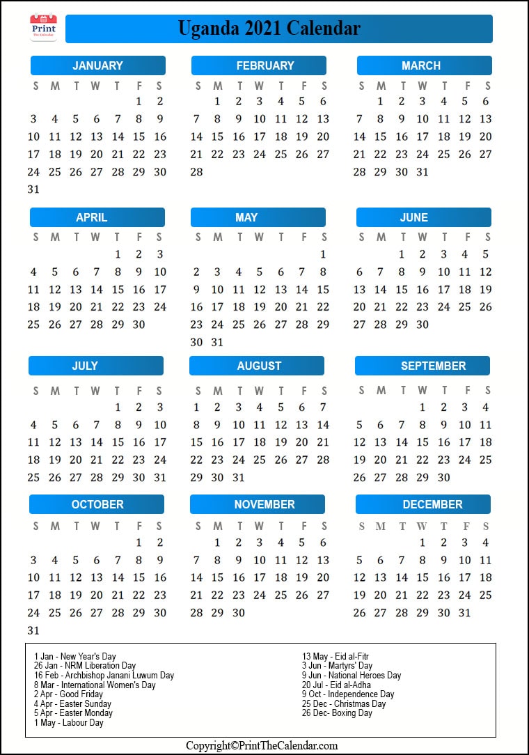 2021 Calendar With Public Holidays
