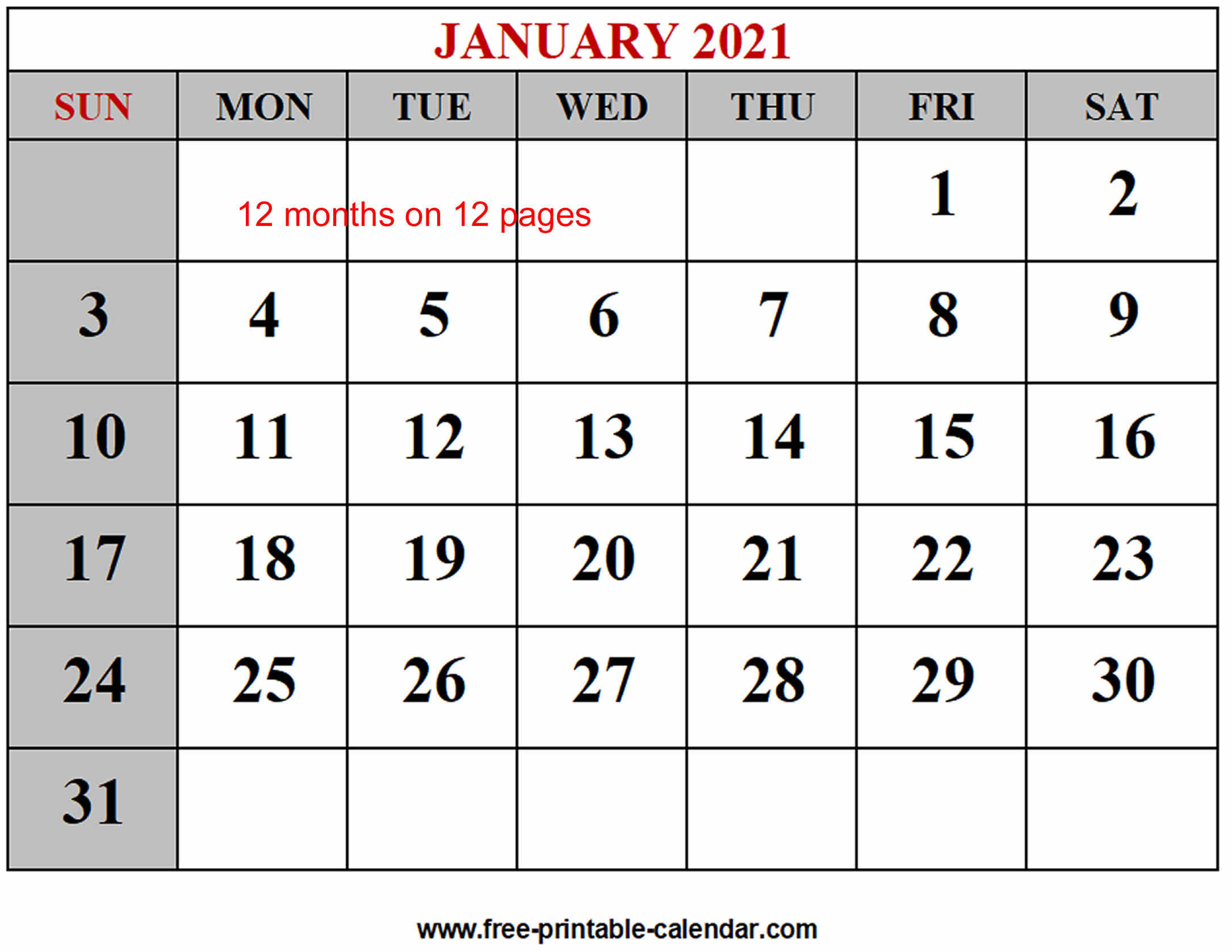 Calendar For The Year 2021