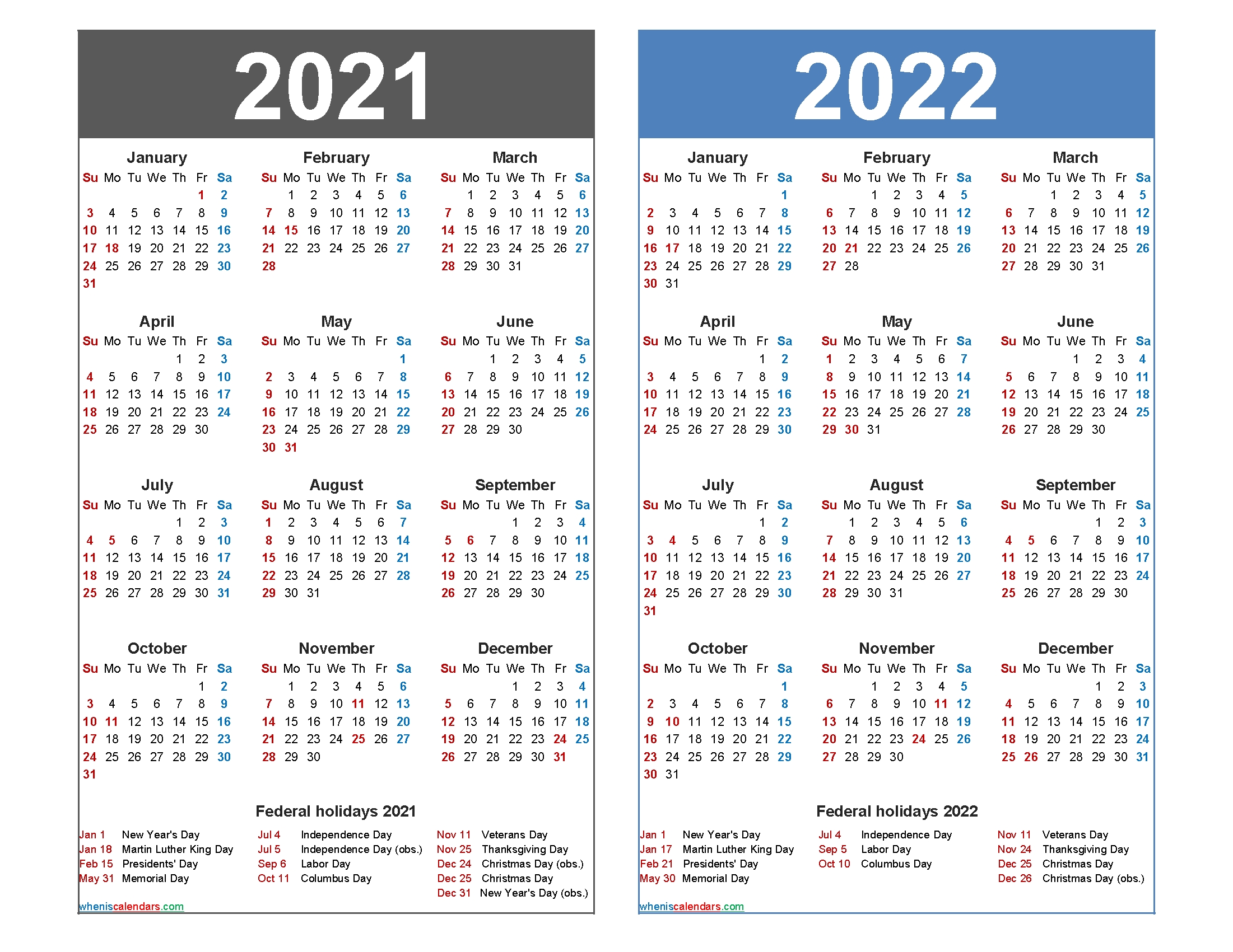 2022 Calendar With Holidays Printable