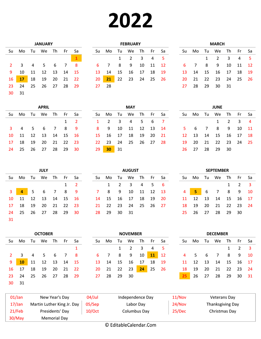 2022 Calendar Template With Holidays Printable