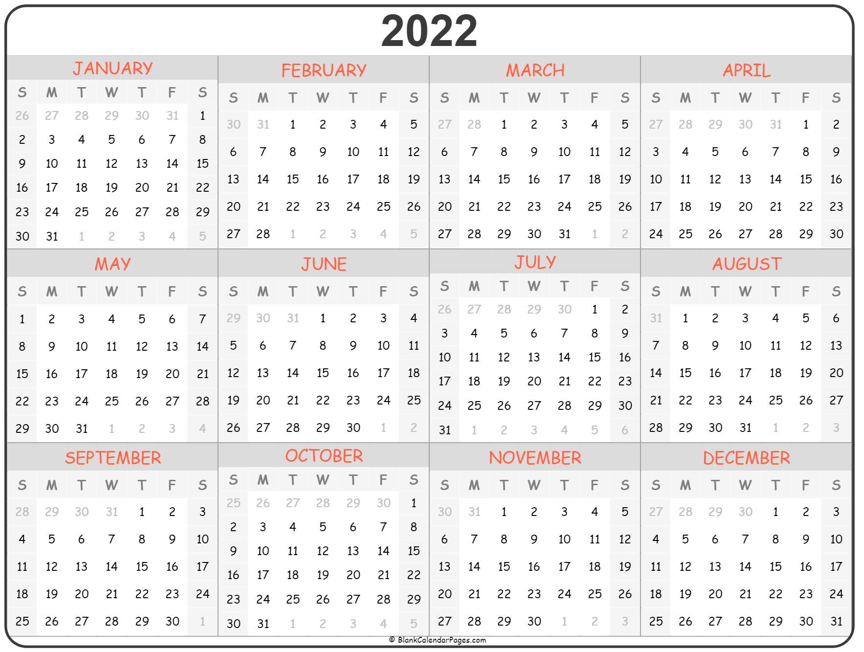 2022 Yearly Calendar With Holidays Printable