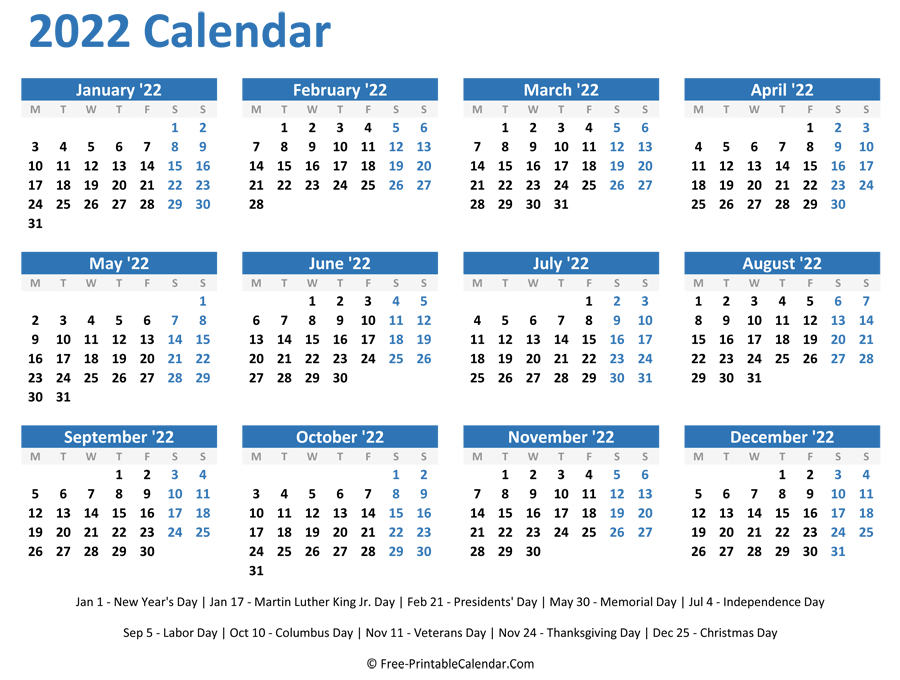 2022 Printable Calendar By Month With Holidays