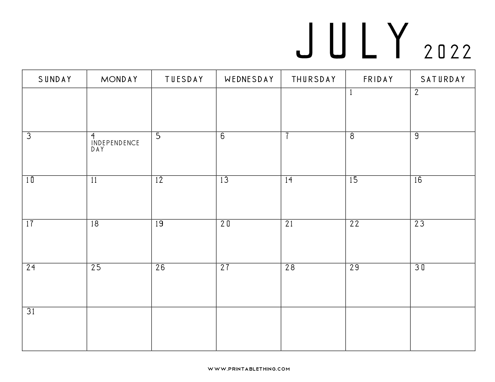 Printable July 2022 Calendar