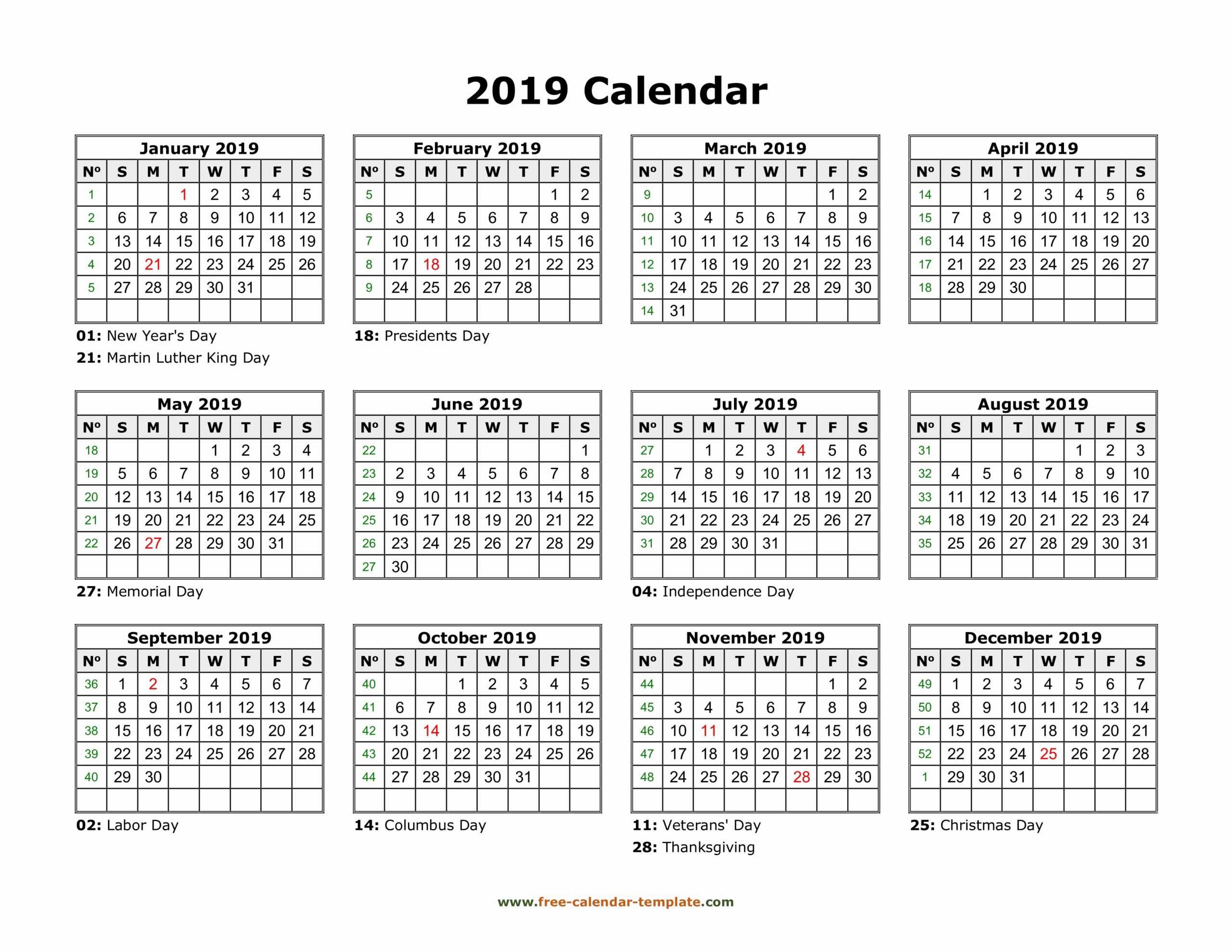 Free Printable 2019 Calendar With Holidays