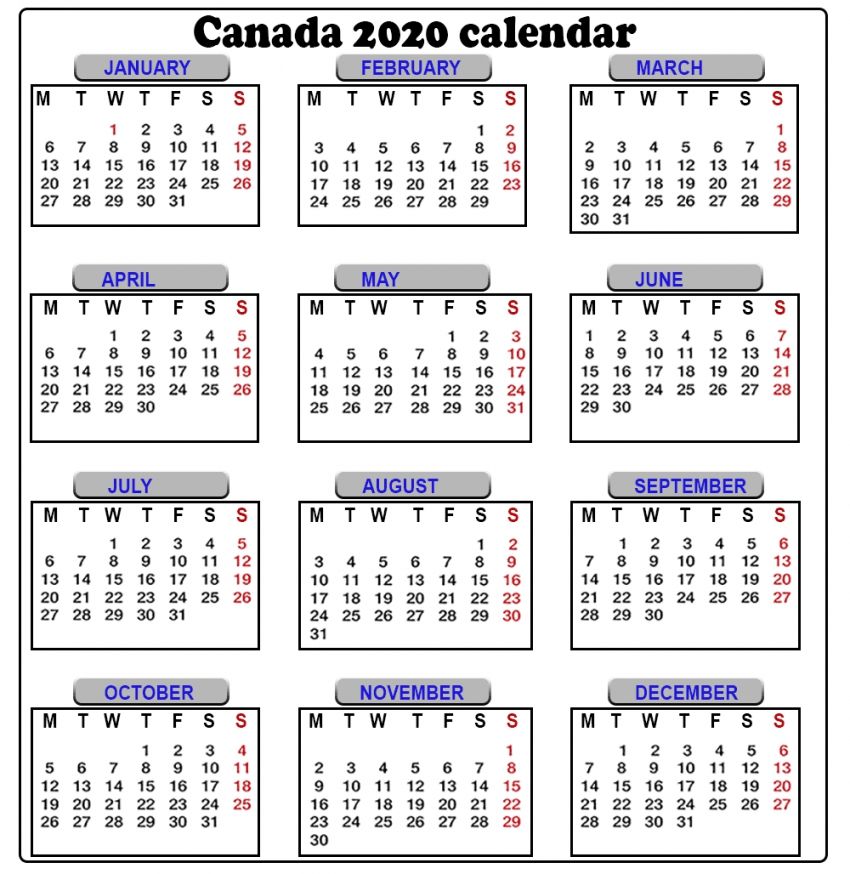 Printable Monthly Calendar 2022 Canada