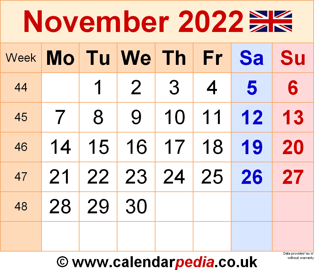 Printable Monthly Calendar November 2022