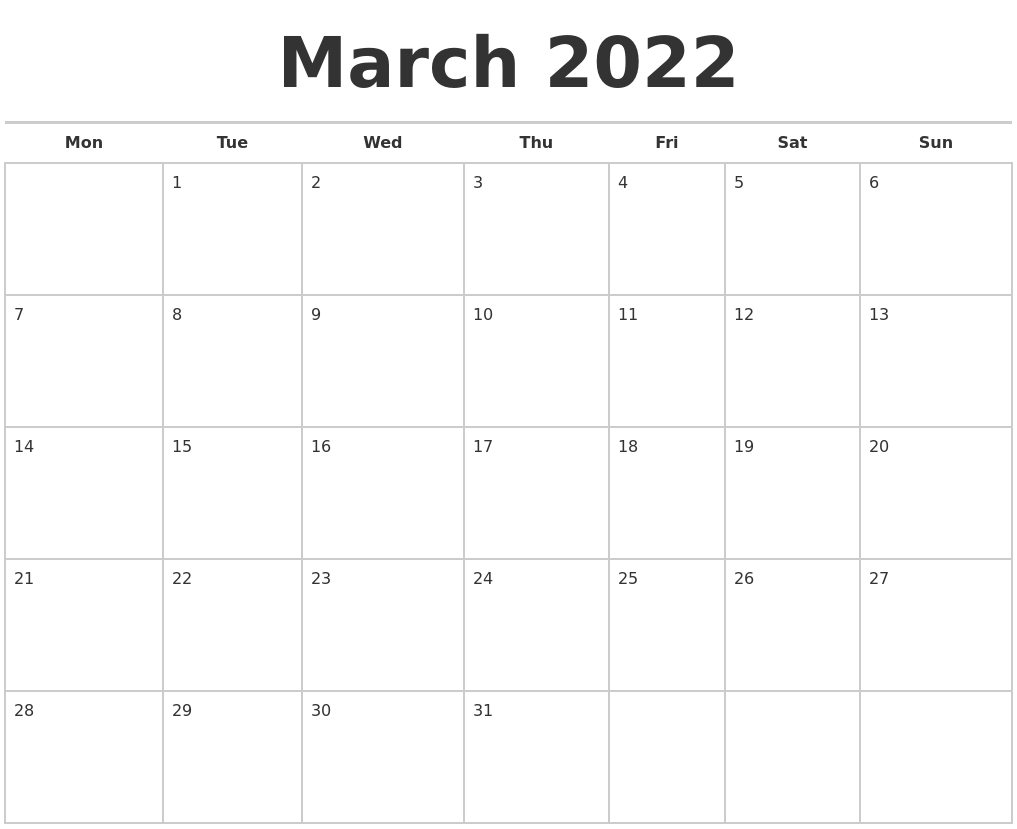 March 2022 Printable Calendar Wiki