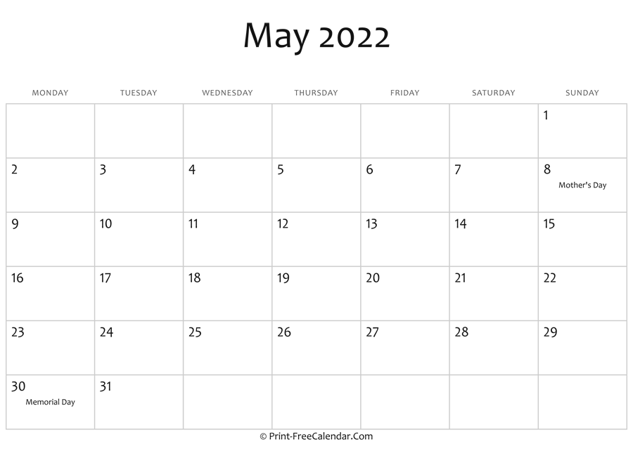 2022 Printable Monthly Calendars With Holidays