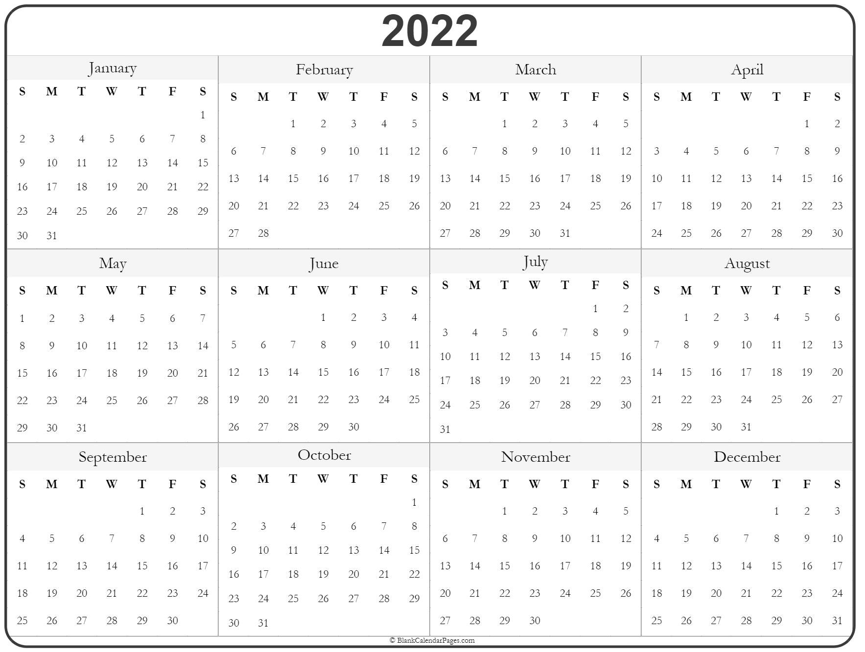 2022 Calendar Printable Blank