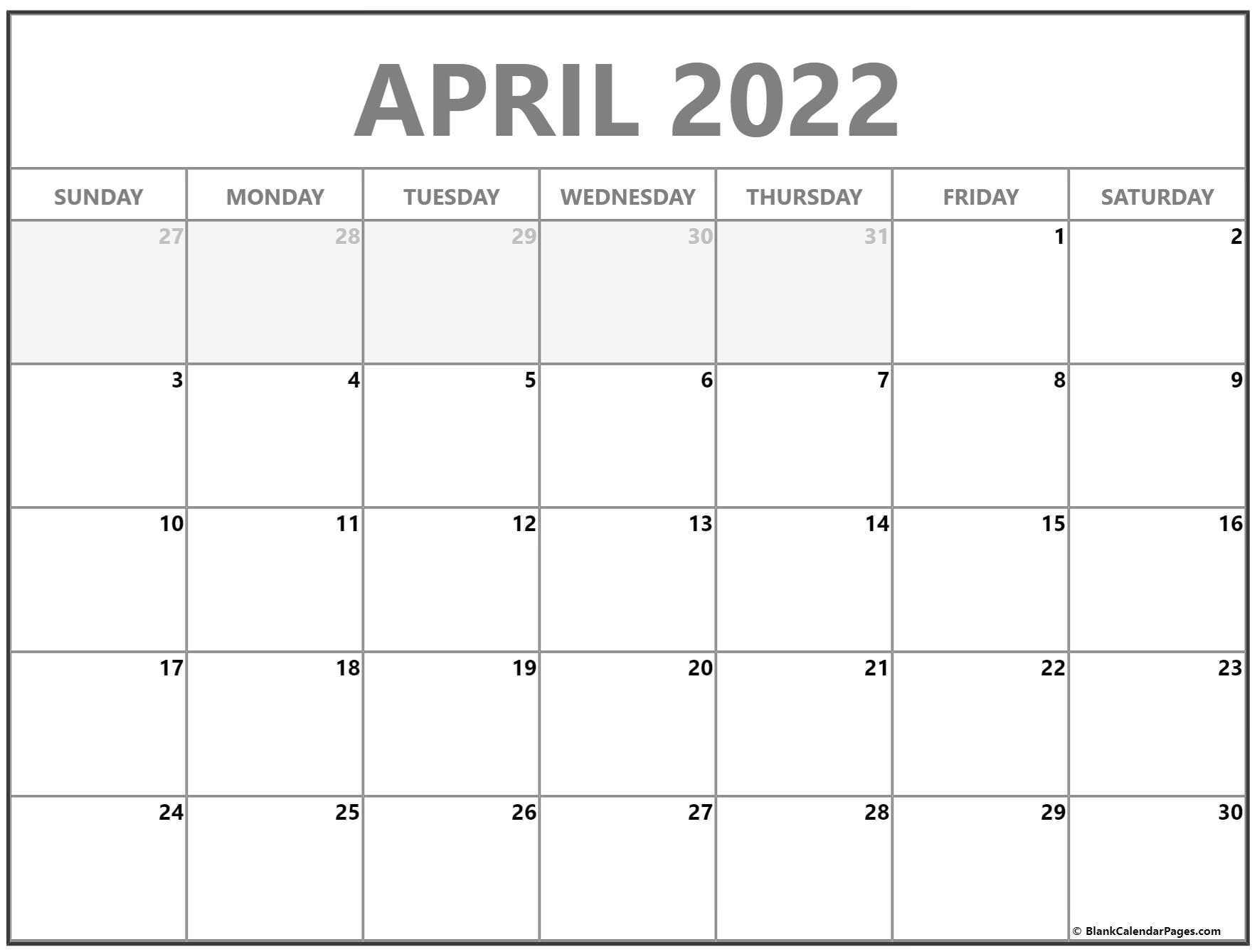 April 2022 Calendar Printable Free